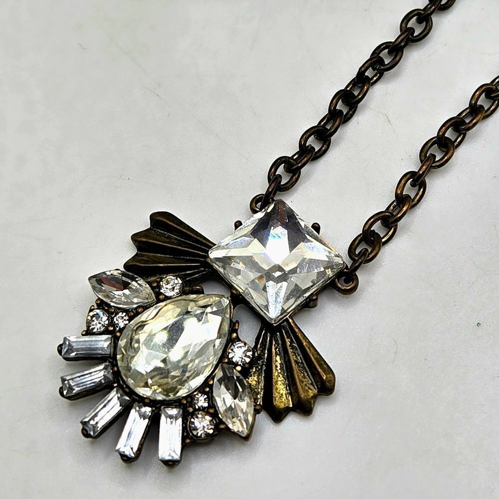 "5/$25" Bronze Crystal Rhinestone Viking Brutalist Art Deco Adjustable Necklace